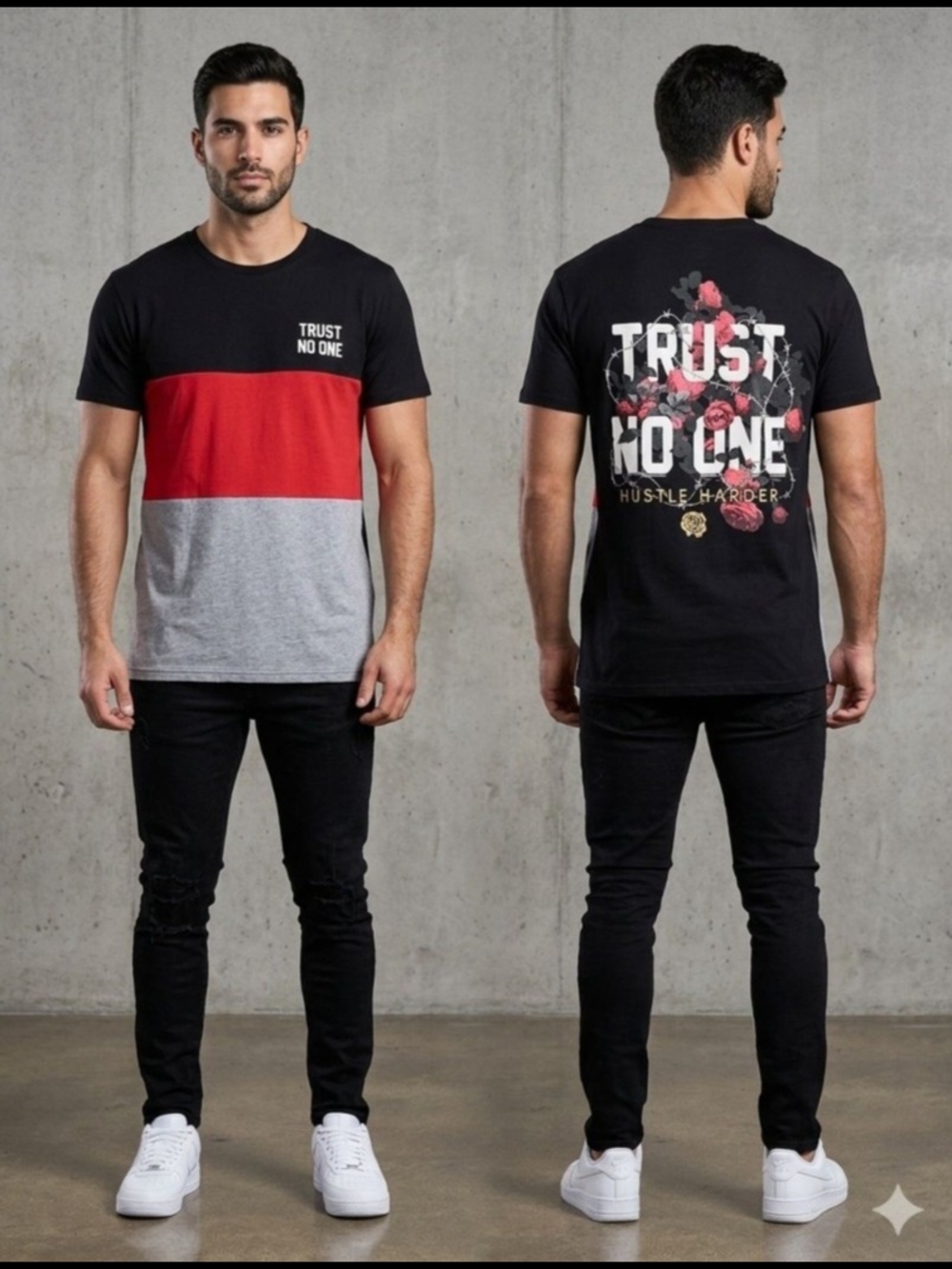 Vibes Colorblock 'Trust No One' Tee - Black/Red/Gray. Size S